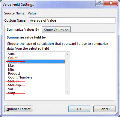 Pivot Table Value Field Settings