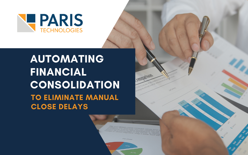 Paris Technologies branding top left; professionals review financial documents for automated consolidation.