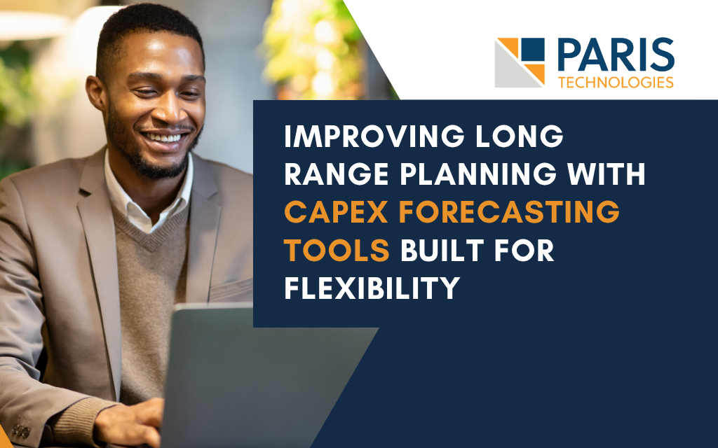 Smiling man in business attire using a laptop; Paris Technologies branding and a dark blue banner about CAPEX forecasting tools for flexibility.