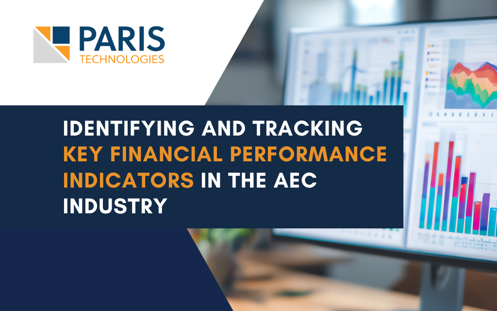 Paris Technologies banner with logo and diagonal design, showing a monitor with financial charts beside the slide title about identifying and tracking key financial performance indicators in the AEC industry