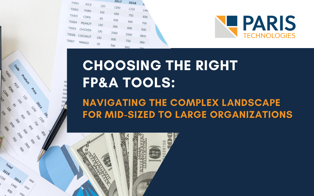Slide cover for a FP&A tools presentation by Paris Technologies, with a navy title panel and money-themed background imagery.